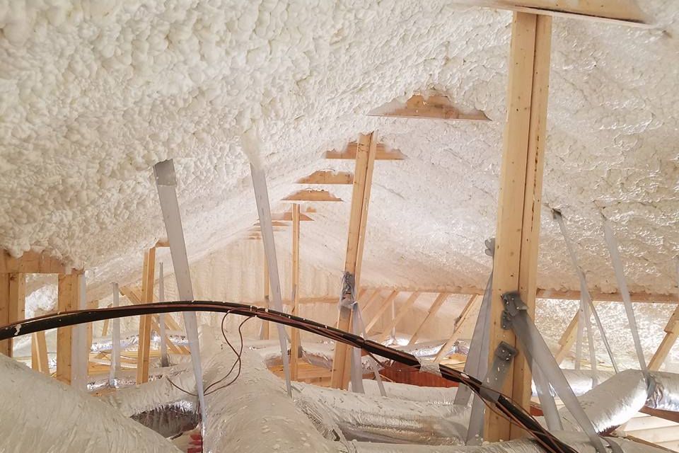 Spray foam insulation in an attic